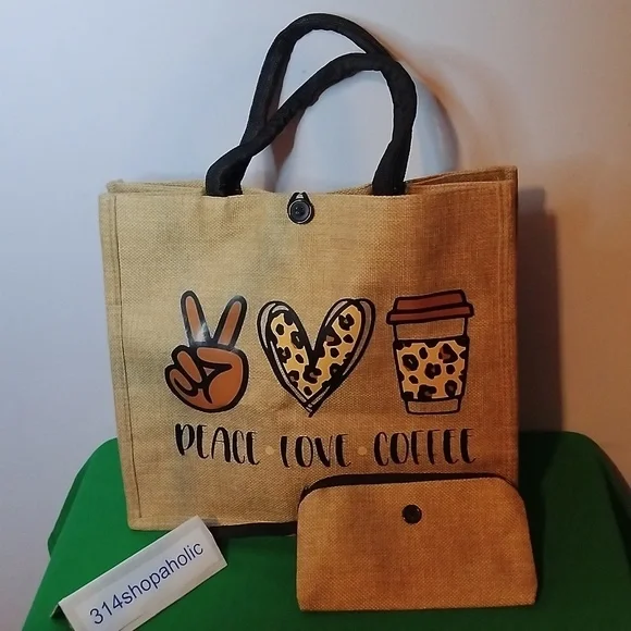 "Peace, Love, Coffee" Tote Bag With Coin Purse - Picture 3 of 6